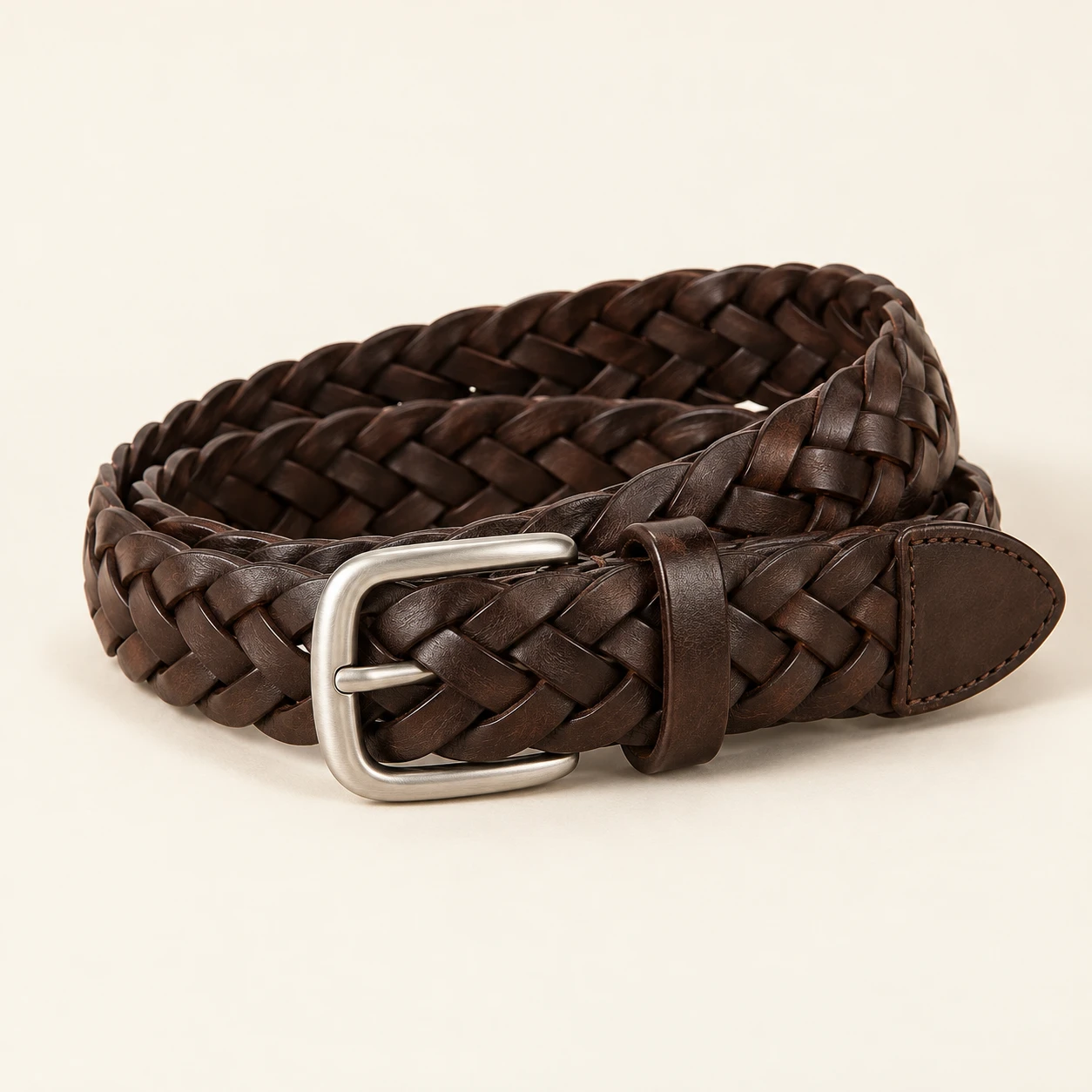 Espresso Como Espresso Braided Belt — Nonelastic interwoven leather strips with solid leather tip and keeper; no punched holes