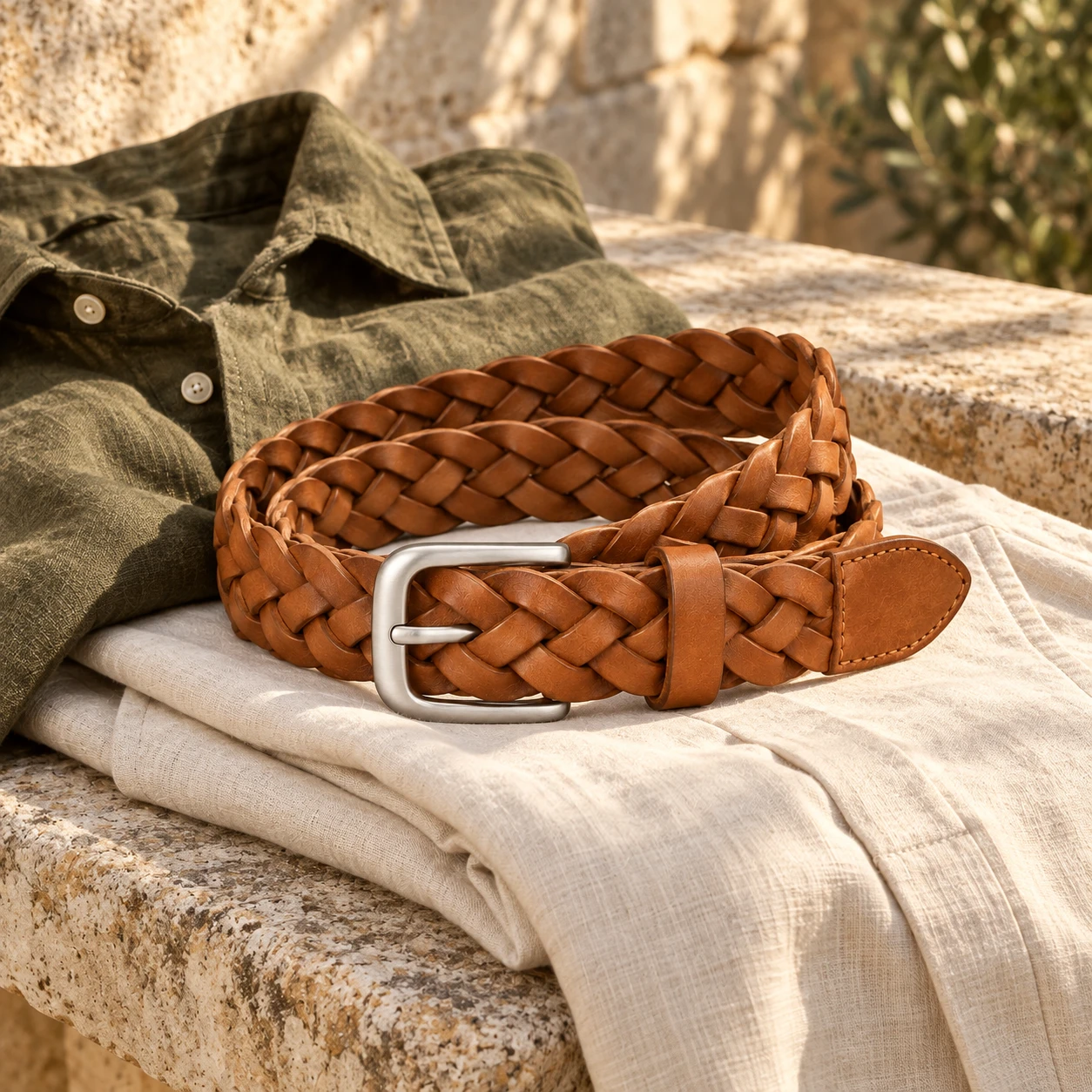 An Italian casual wardrobe with a braided leather belt, linen and warm stone textures