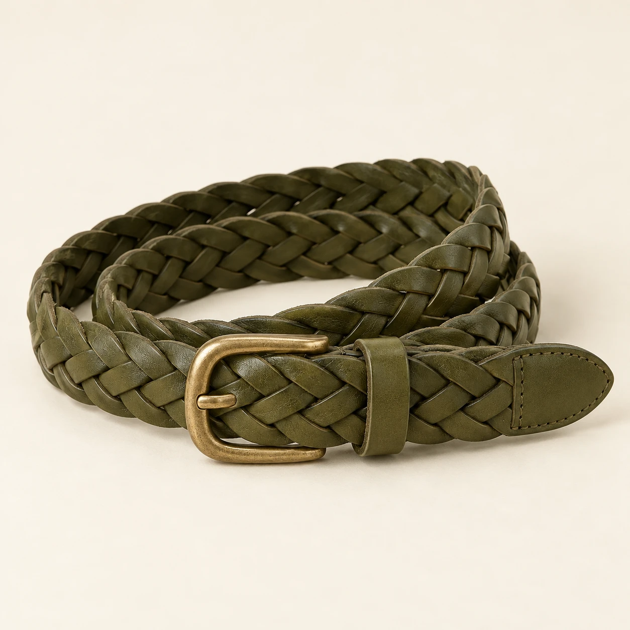 Olive Oliva Olive Slim Belt — Nonelastic interwoven leather strips with solid leather tip and keeper; no punched holes