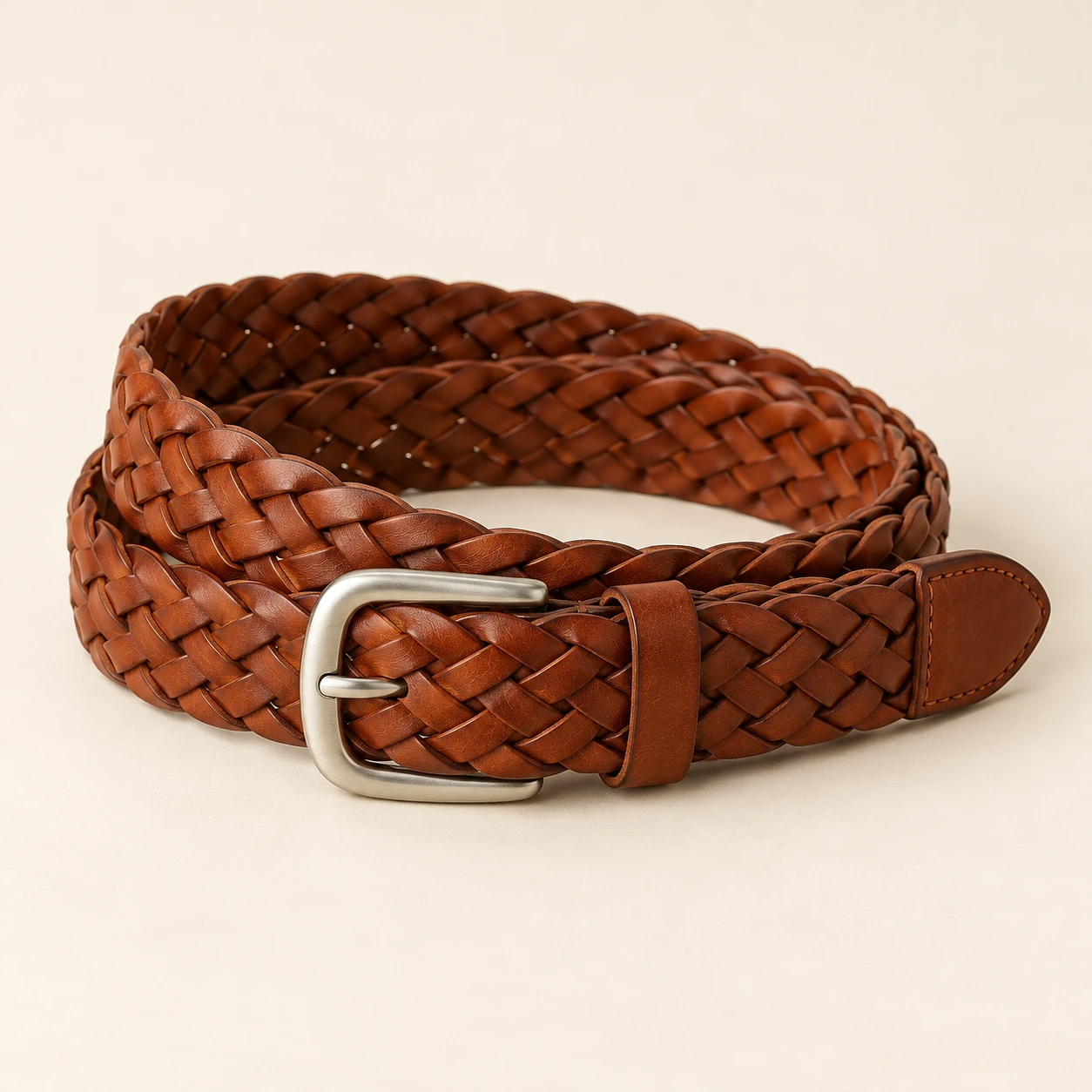 Cognac Parma Cognac Braided Belt — Nonelastic interwoven leather strips with solid leather tip and keeper; no punched holes