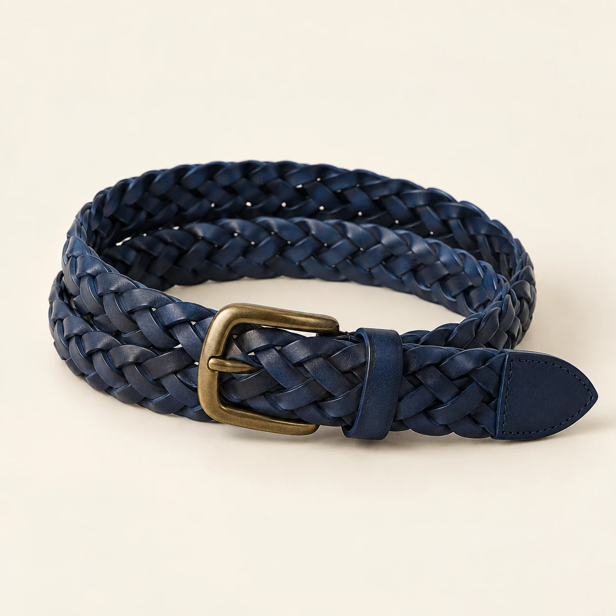 Navy Porto Navy Slim Belt — Nonelastic interwoven leather strips with solid leather tip and keeper; no punched holes
