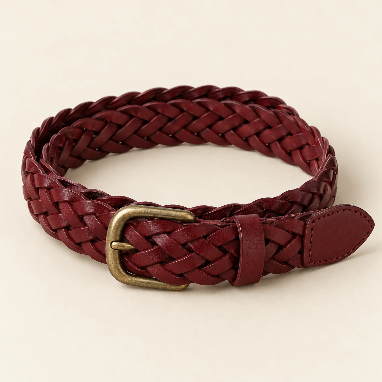 Burgundy Rosa Burgundy Slim Belt — Nonelastic interwoven leather strips with solid leather tip and keeper; no punched holes
